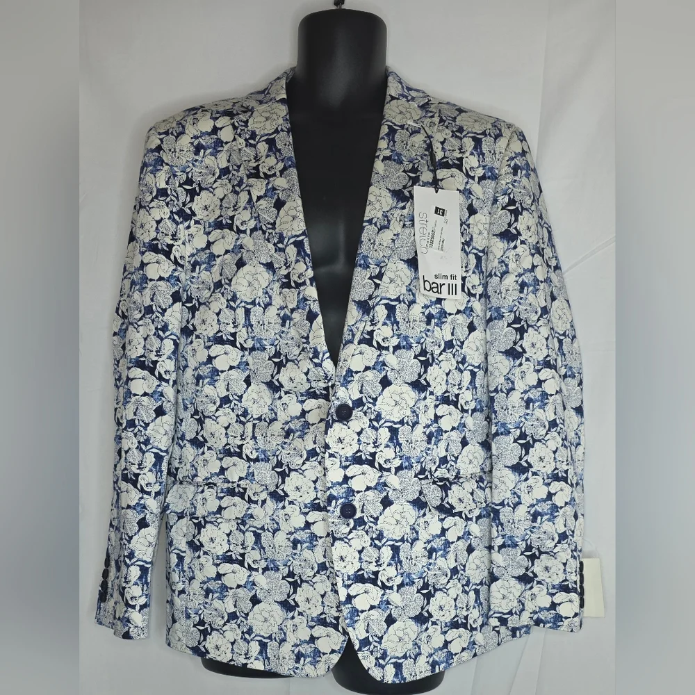 BAR III Mens Navy Single Breasted Floral Blazer Sport Coat Size 42R NWT BZ-3208